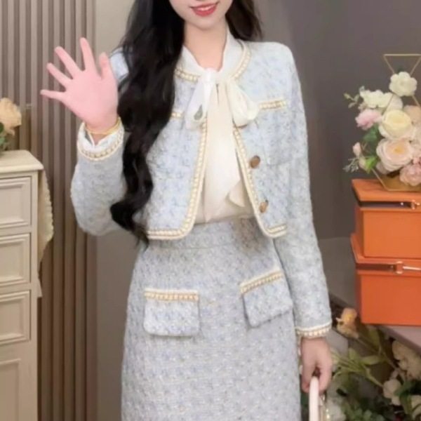 法式原版小香风套装裙女两件套秋冬款名媛气质短款外套显瘦半身裙