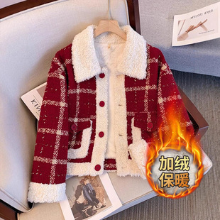 红色小香风外套女2025新款今年流行冬加绒加厚羊羔毛过年圣诞穿搭