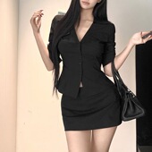 OL风格 潮 显瘦包臀短裙套装 时尚 气质辣妹黑色Polo领休闲通勤衬衫