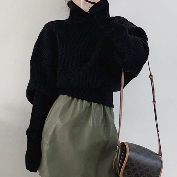 2025新款慵懒套头高领加厚针织宽松毛衣收腰短款针织衫上衣奶咖色