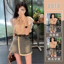 单件/法式蕾丝拼接Polo领短袖衬衫女2025新款不规则花边牛仔短裙