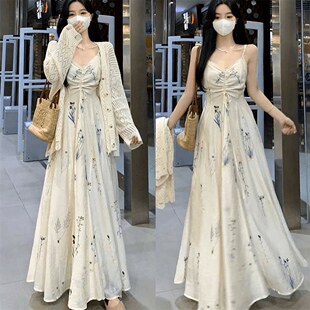 大码胖MM夏季法式复古碎花吊带连衣裙 镂空针织开衫显瘦两件套女