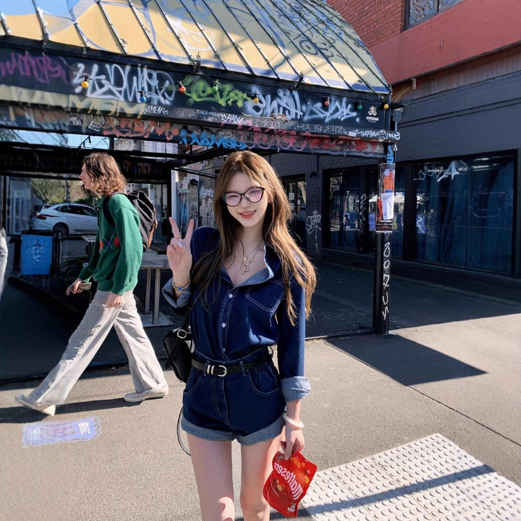 JMSHOP  牛仔衬衫今年流行的漂亮套装女秋季短裤两件套