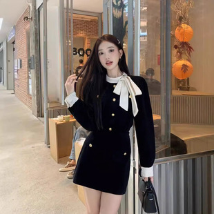 小香风蝴蝶结丝绒外套富家千金套装女秋冬高腰半身裙短裙子两件套