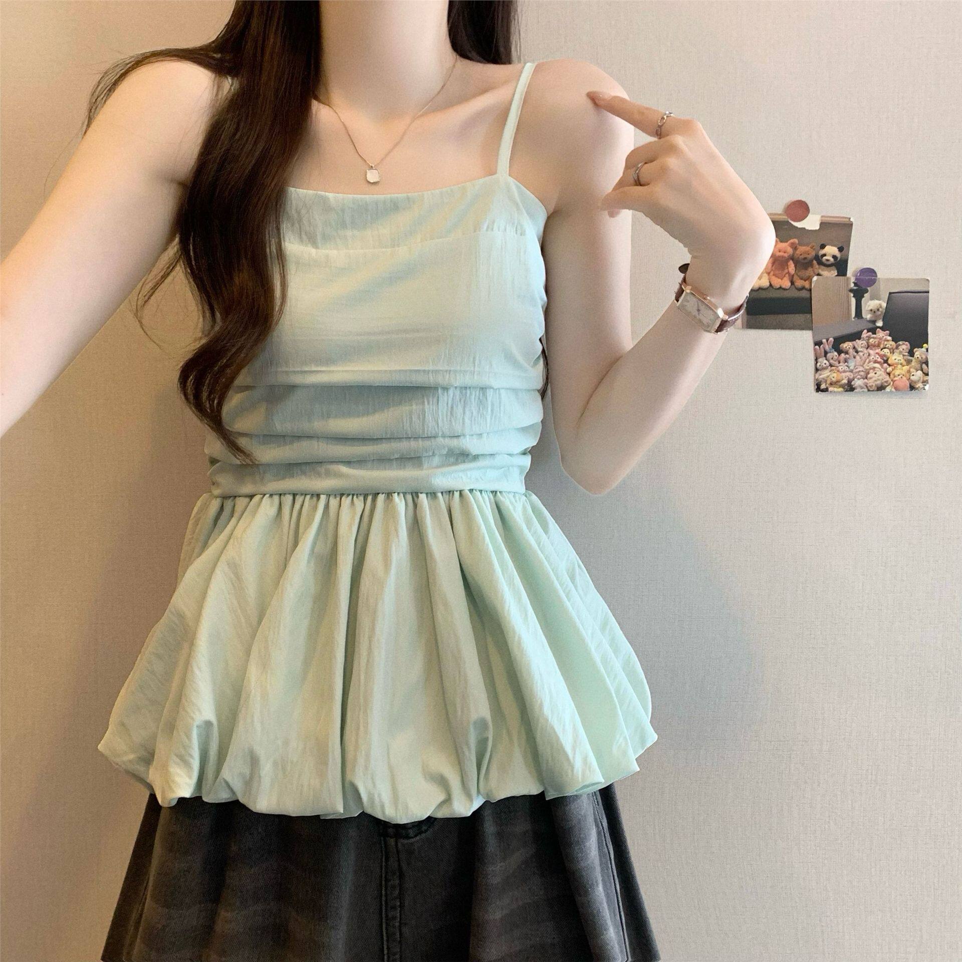 法式褶皱花苞吊带背心女夏日多巴胺绝美娃娃衫高级感无袖上衣外穿