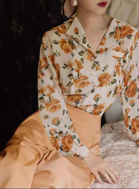 港风套装女夏花色衬衫复古高腰黄色半身裙气质显瘦轻熟两件套裙子