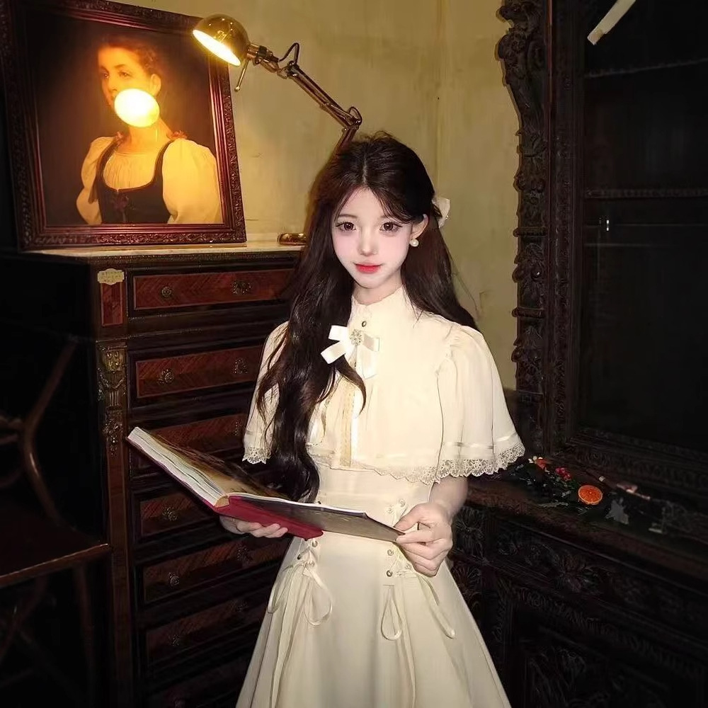 夏日绝美温柔韩系气质简单大方长裙高级感显瘦白色斗篷连衣裙子女