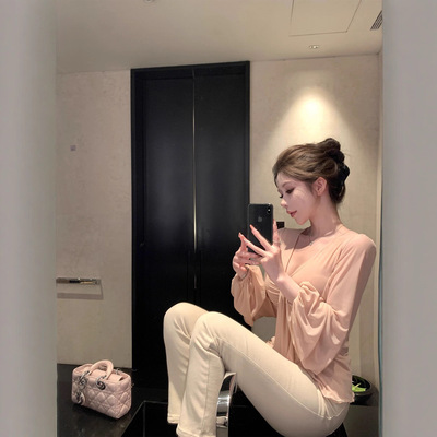 kubiliv雾色撩人温柔纯欲氛围感修身褶皱v领弹力长袖T恤上衣