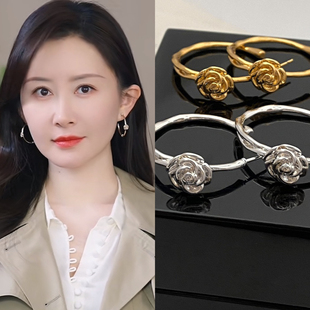 凤栖今朝舒畅同款复古女士耳环铜镀真金几何花朵玫瑰花C型耳钉