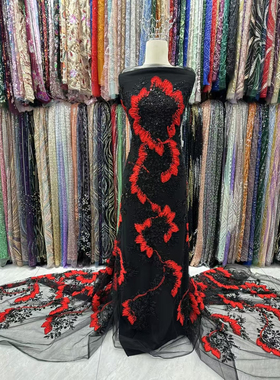 大红色蕾丝高定新款盘花亮片珠子大花朵珠子连衣裙法式布料面料纱