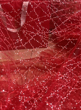 交叉款亮片蕾丝网底满福大红色童装婚纱服装墙景布料面料花边辅料