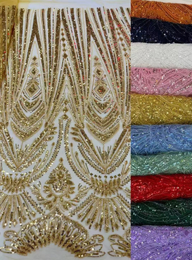 大红色亮片泡珠管绣花网布蓝色裙摆高定刺绣网纱礼服时装布料批发