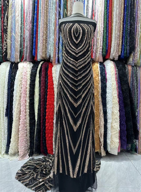 欧美时尚大红色珠子三角菱形亮片刺绣蕾丝花边面料连衣裙婚纱布料