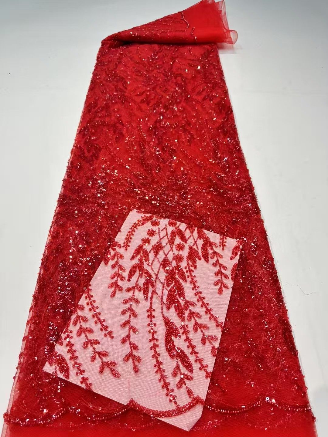 红色礼服刺绣海草珠子布料波浪花边亮片婚纱网面料蕾丝连衣裙童装