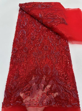 新红色宝石珠管亮片绣重工刺绣面料网纱时装婚纱礼服蕾丝绣花布料