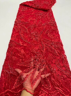 时尚大红色珠子服装绣花亮片花朵网纱民族风色线布料面料服装花边