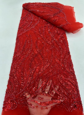 大红色植物花型珠子婚纱亮片绣花布面料连衣裙礼服舞台服蕾丝布料