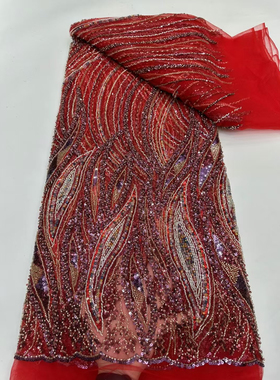 新款大红色珠管珠子绣花面料连衣裙婚纱礼服网纱亮片刺绣蕾丝布料