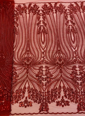 外贸红色珠子亮片刺绣网纱布料婚纱礼服手工diy服装裙摆花边面料