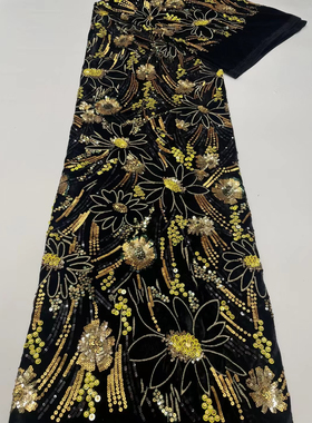 高档黑色绒布金色亮片蕾丝刺绣布料紫色花朵亮闪闪礼服装面料花边