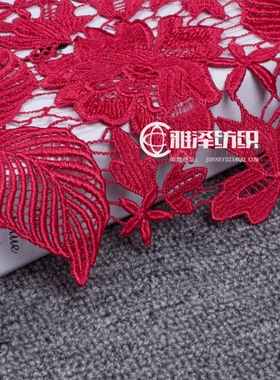 高档刺绣红色重磅水溶精美蕾丝礼服时尚装面料连衣裙服装布料满福