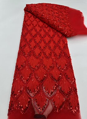 立体大红色鳞形亮片珠子蕾丝网纱亮片刺绣面料童装礼服装花边布料
