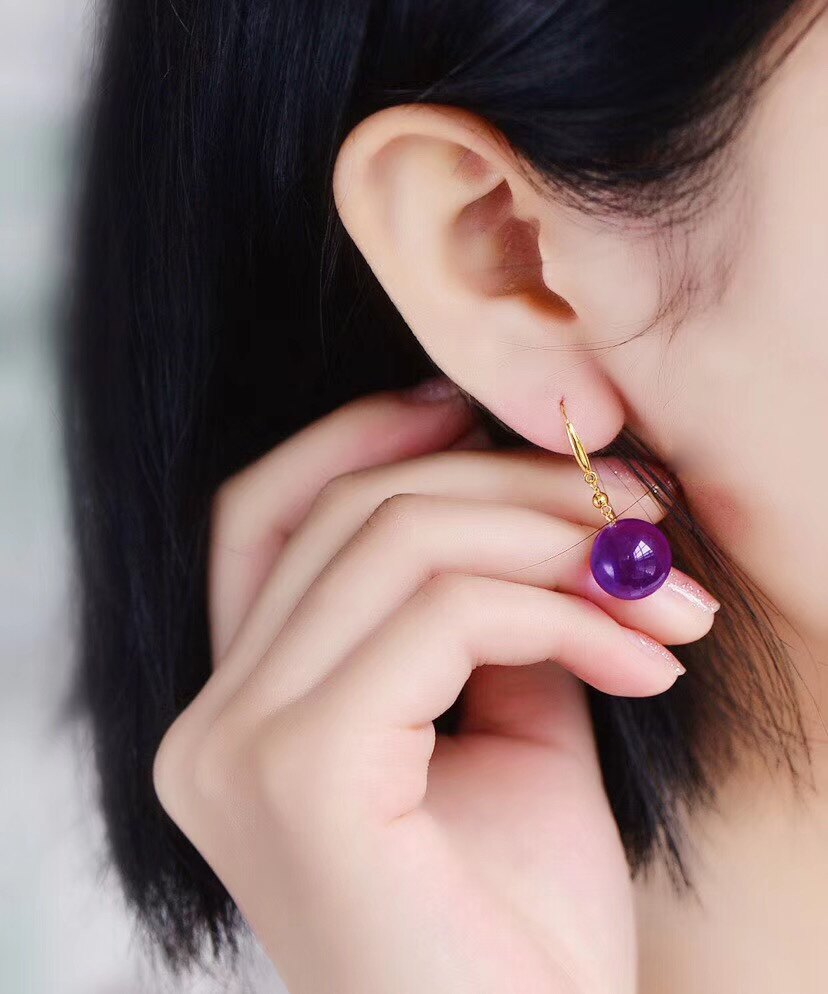 천연 자수정 둥근 구슬 귀걸이 싱글 구슬 귀걸이 18K 금상감 전사 구슬 14MM 전신 우루과이