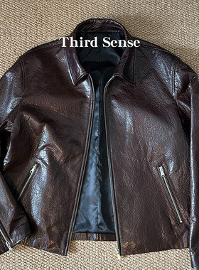 Third泡皮棕色真皮皮衣短款翻领拉链真皮夹克男
