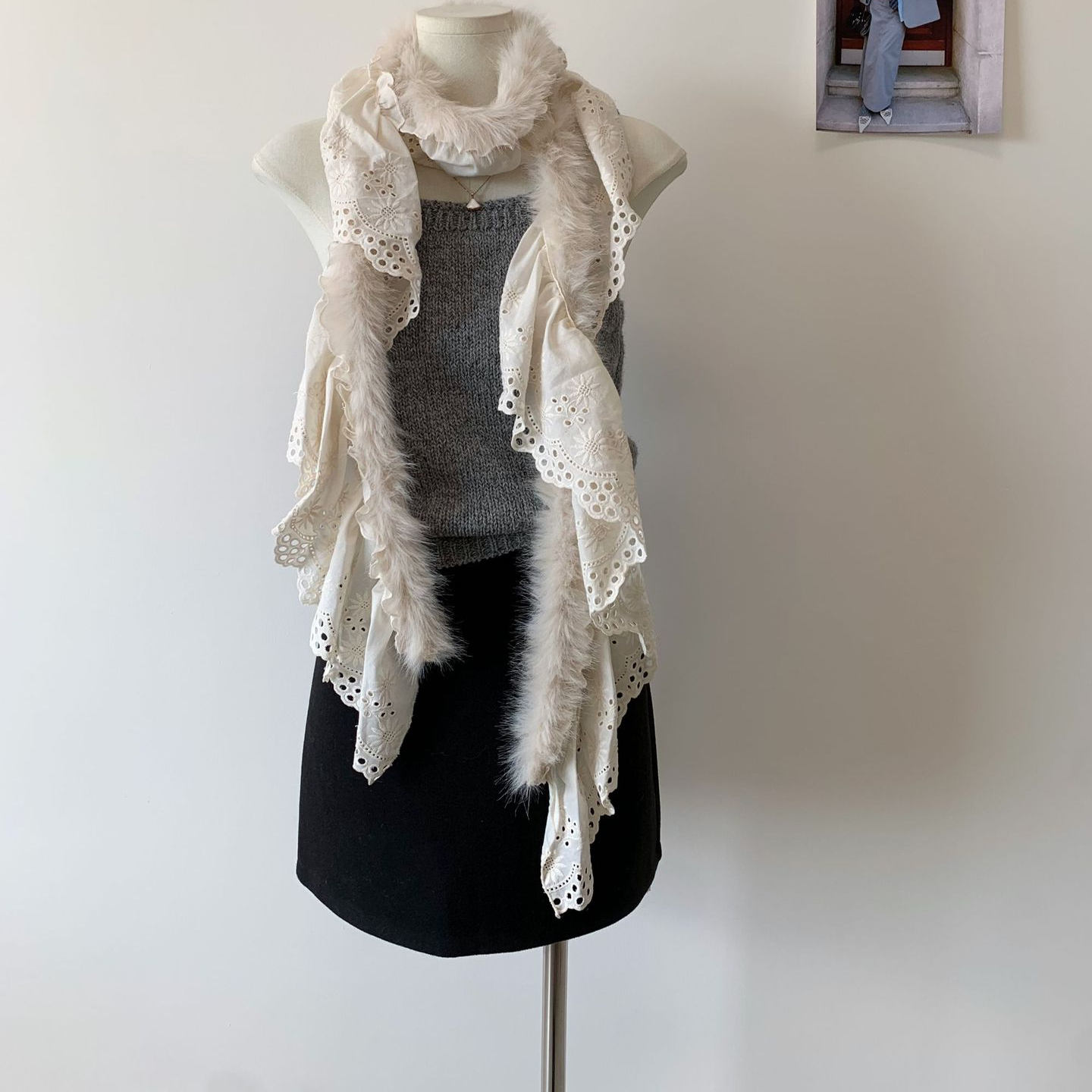 Sumyee原创蕾丝毛毛边个性y2k辣妹保暖围巾秋冬亚文化围脖叠戴风