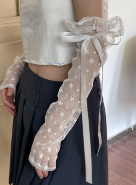 Sumyee甜美少女夏季蕾丝花边防晒袖套丝带蝴蝶结百搭装饰手袖手套
