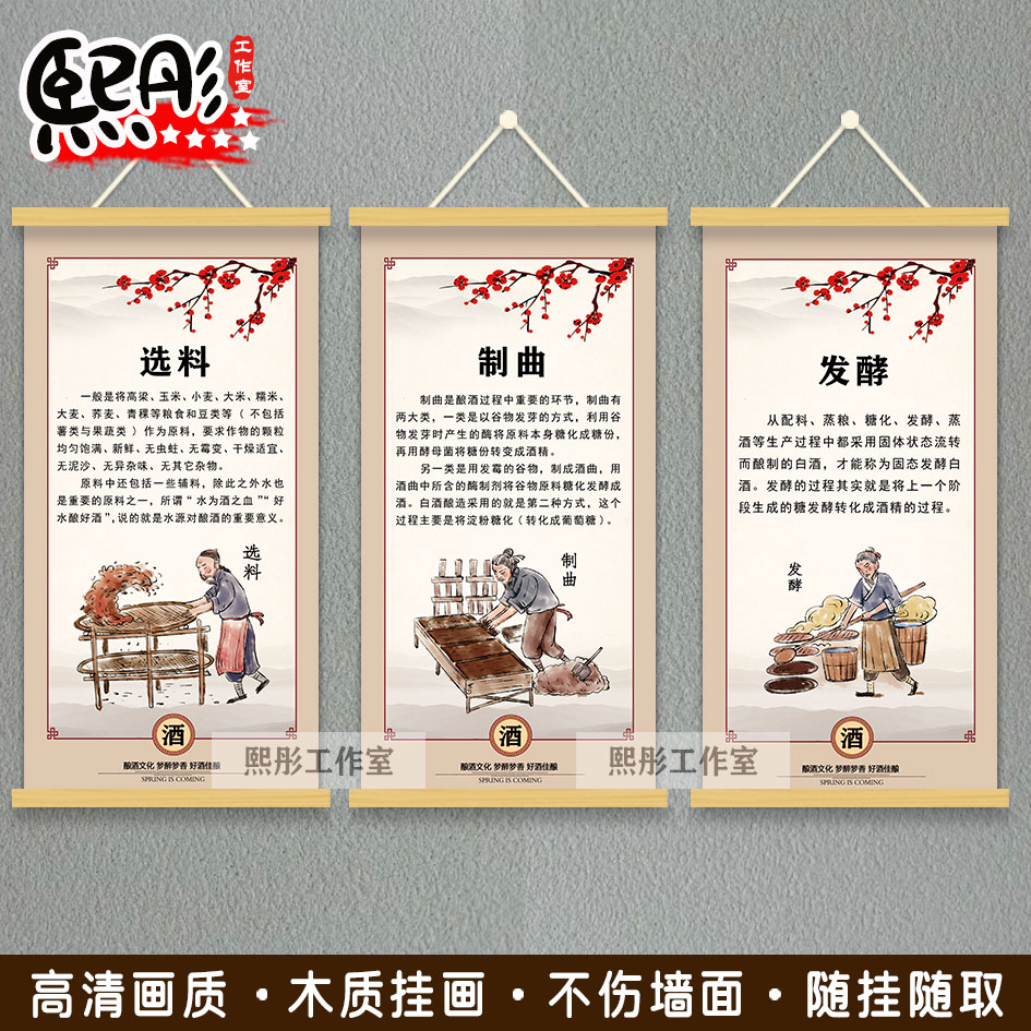 酿酒工艺流程展板背景墙古代酒文化海报装饰画酒步骤卷轴木质挂画图片