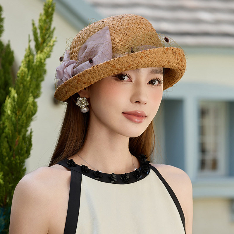 新款夏季卷边网纱礼帽优雅时尚时装帽户外遮阳盆帽女士防晒百搭潮