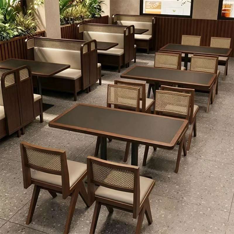 山野风餐厅卡座沙发商用实木茶楼茶餐厅烧烤店餐饮火锅店桌椅组合图片