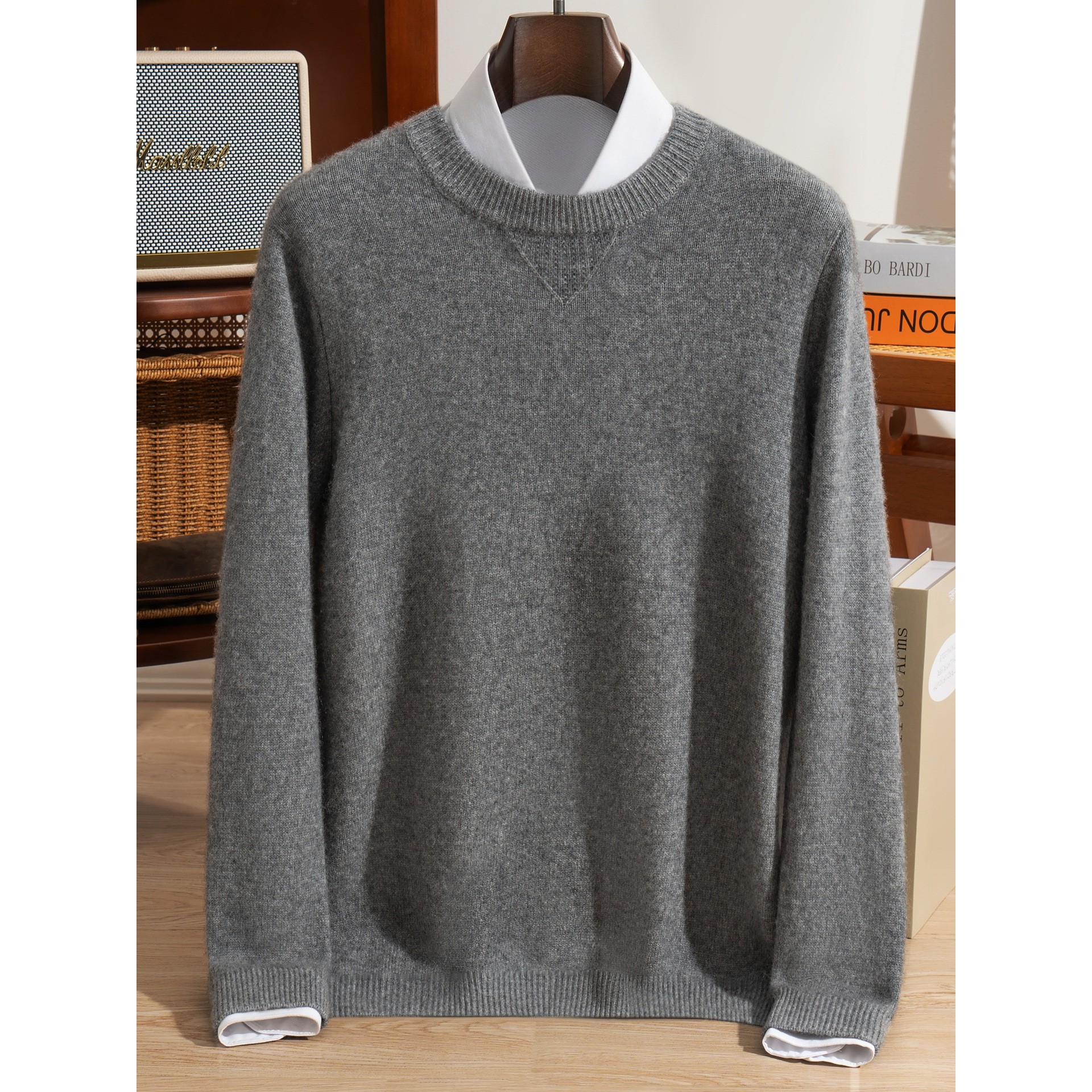 新款100%纯山羊绒衫男士经典圆领平面长袖套头简约大码针织衫打底
