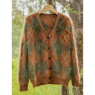 菱形格子开衫拉绒100%纯山羊绒针织开衫V领宽松显瘦女单排扣外套