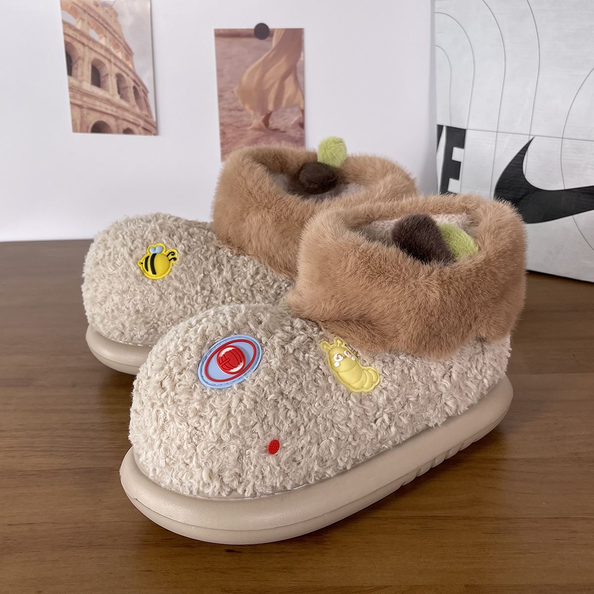 苹果乐园加绒保暖防滑毛绒棉鞋男