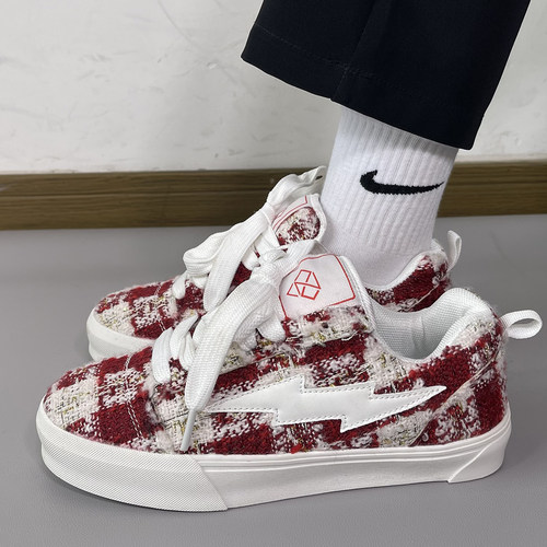 男鞋红格帆布低帮休闲板鞋男女