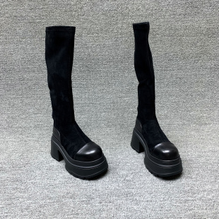欧洲站女鞋 欧货套筒松糕跟厚底显瘦高筒长靴弹力靴女 2025秋季 新款