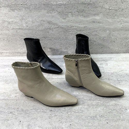 侧拉链粗跟尖头显瘦短靴时装靴女