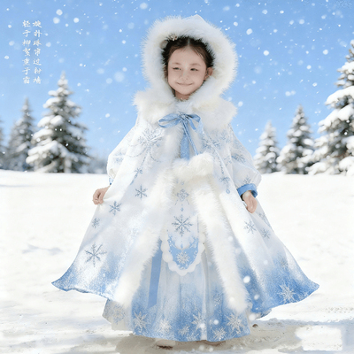 儿童汉服拜年服加绒加厚女童斗篷披风冬季艾莎公主裙连衣裙中国风