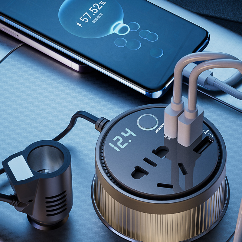 新款车载充电器转换插座12v24v转220v大功率汽车逆变器超级快充头