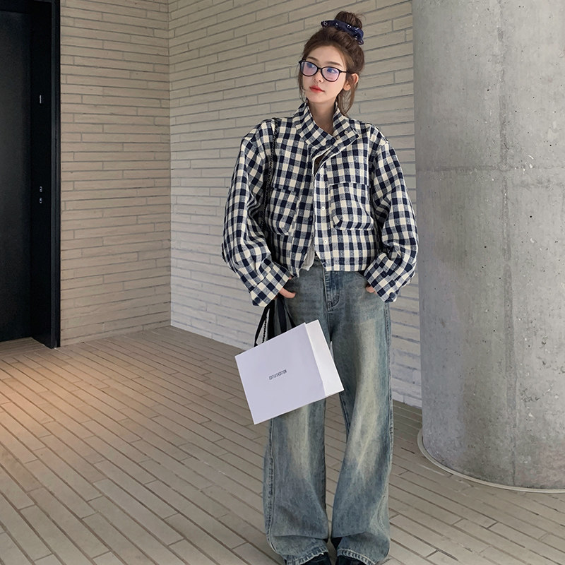 2025新款今年流行外套女休闲风韩系工装格子独特设计短款夹克,女装短外套,2C300