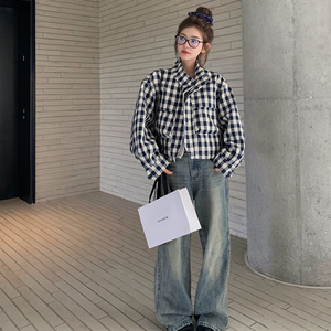 2025新款今年流行外套女休闲风韩系工装格子独特设计短款夹克图片
