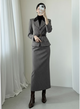 【金金宠粉】西装领开衫外套高腰半身裙时尚套装HBZX720007