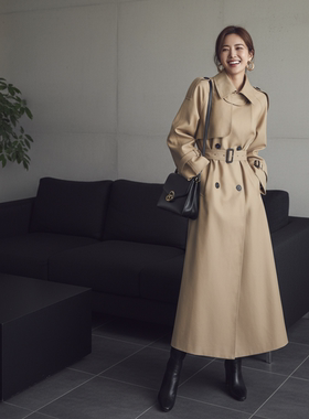 【金金宠粉】新款休闲风时尚翻领纯色中长款风衣外套HBZX710055