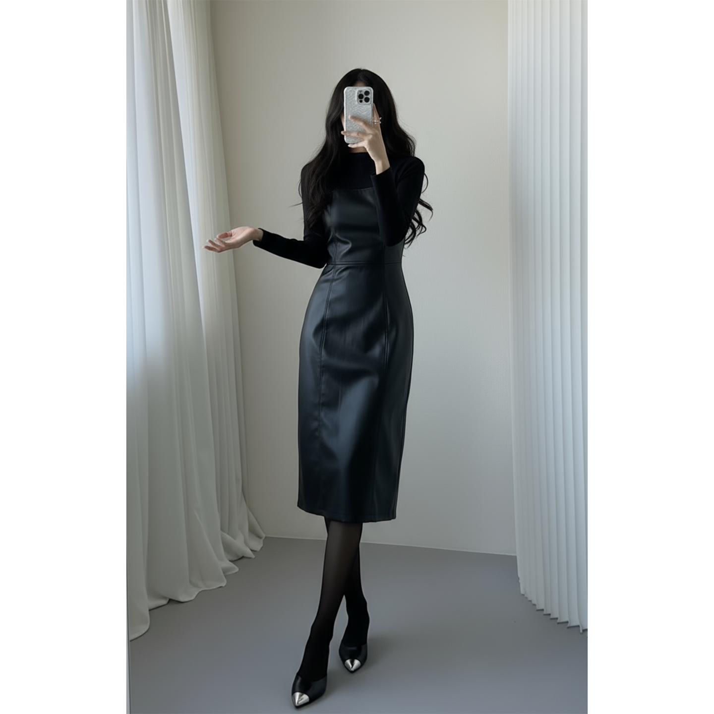 连衣裙女轻奢皮革拼接收腰显瘦长连衣裙
