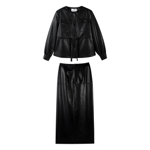 2025复古风皮夹克高腰开衩皮裙时尚套装帅气两件套HBZX720042-1