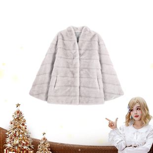 【呼呼专享】优雅风V领横条毛绒短外套装饰保暖HBZW918483