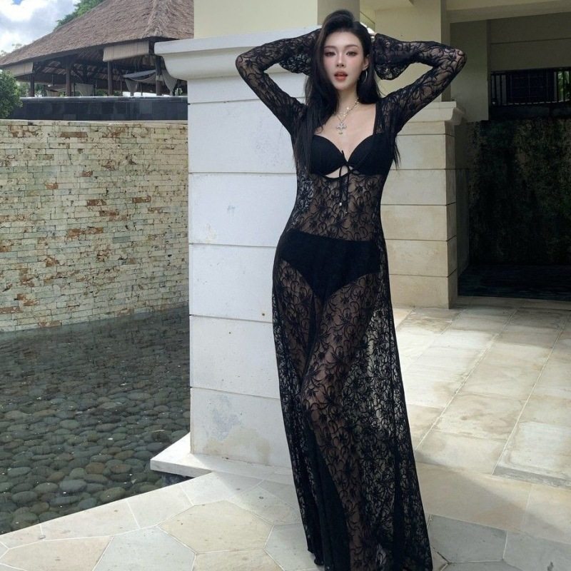 透视性感黑色比基尼钢托聚拢蕾丝长裙分体海岛度假泳衣女三件套