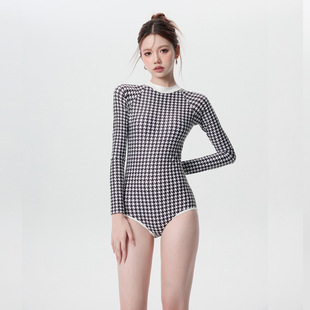 韩版 保守时尚 泳装 遮肚长袖 千鸟格连体泳衣女 性感修身 厂家销售新款